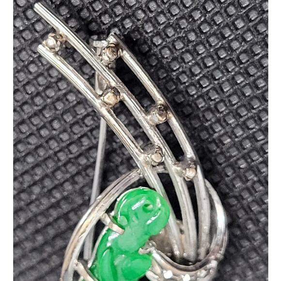 vintage 90s 18k White Gold Jade Brooch Art Nouveau Swirl Romantic Elegance Style - Picture 6 of 8